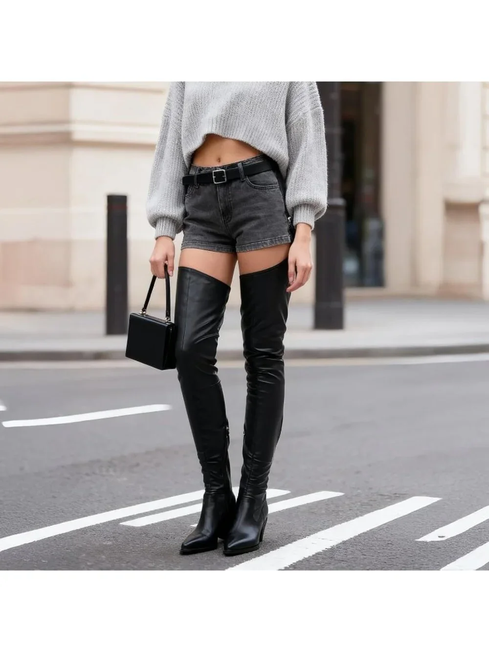 Women Black Pu Pointed Toe Belted Faux Suede Side Zipper Over The Knee High Boot